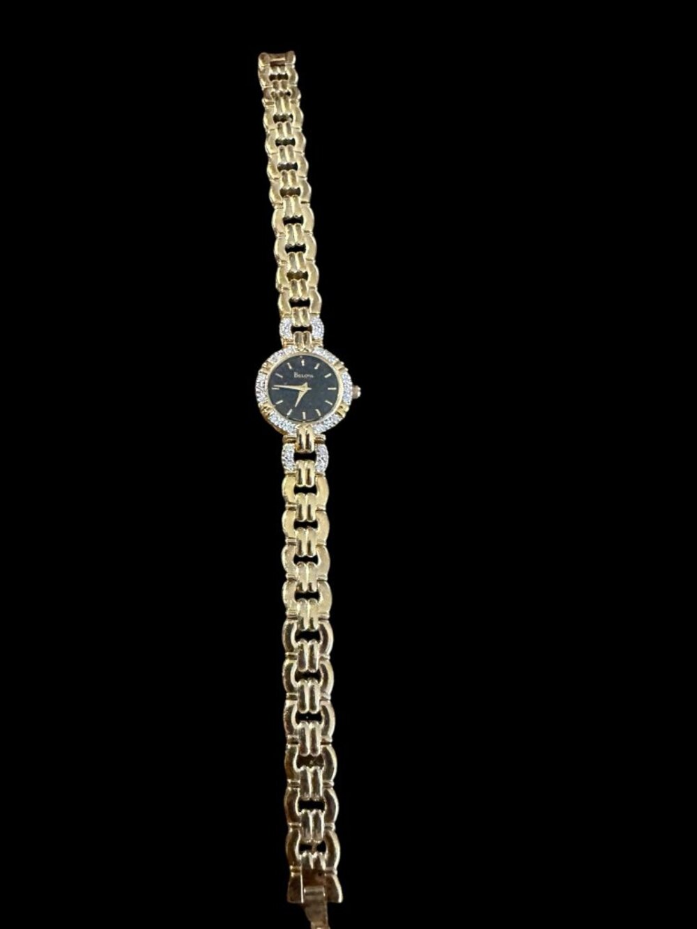 Bulova Women's Gold Tone Watch – Black Dial, Crystal Bezel & Bracelet